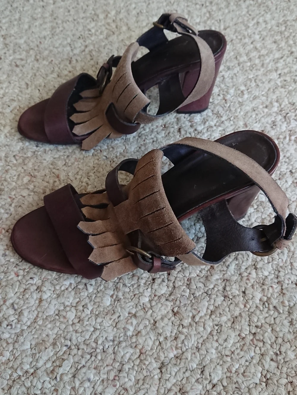 MINELLI Brown Leather with Suede fringe strap Block Heel Sandals size 8